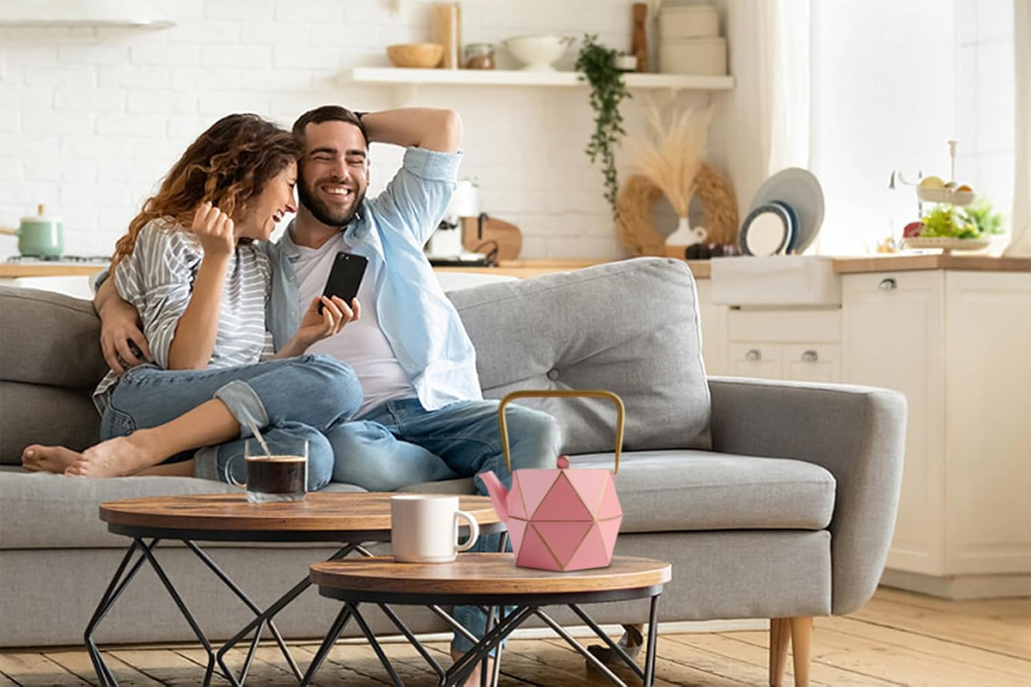 Teapot with Removable Infuser, Cast Iron Tea Kettle Stovetop Safe, Solid Geometr