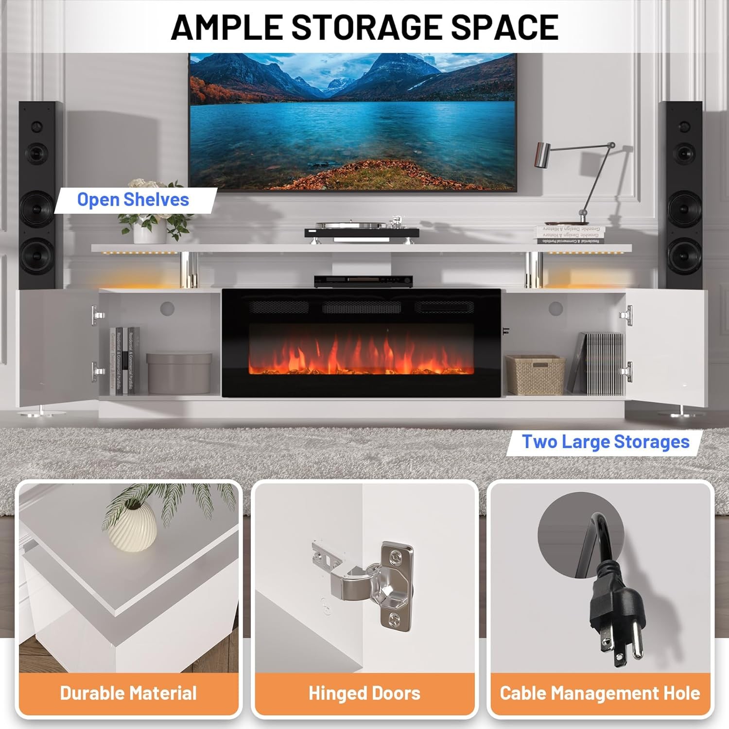 70 In 2 Tier TV Console Stand Cabinet With 36 In Electric Fireplace Heater White