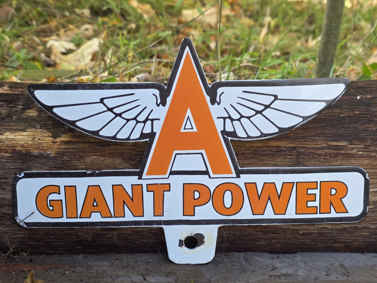 VINTAGE FLYING A GIANT POWER PORCELAIN LICENSE PLATE TOPPER  11"x7"