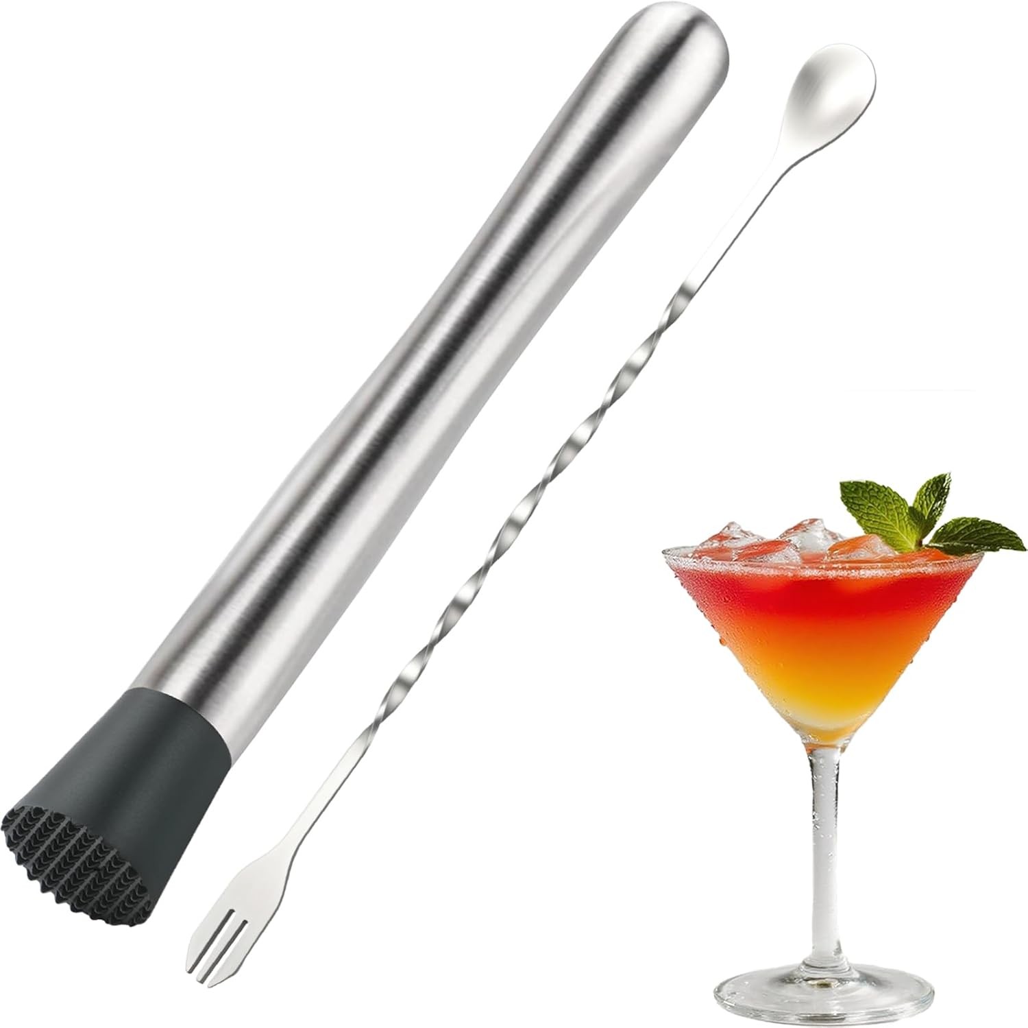 2Pcs 10'' Muddler and Spoon Set for Cocktails 304 Stainless Muddler+spoon