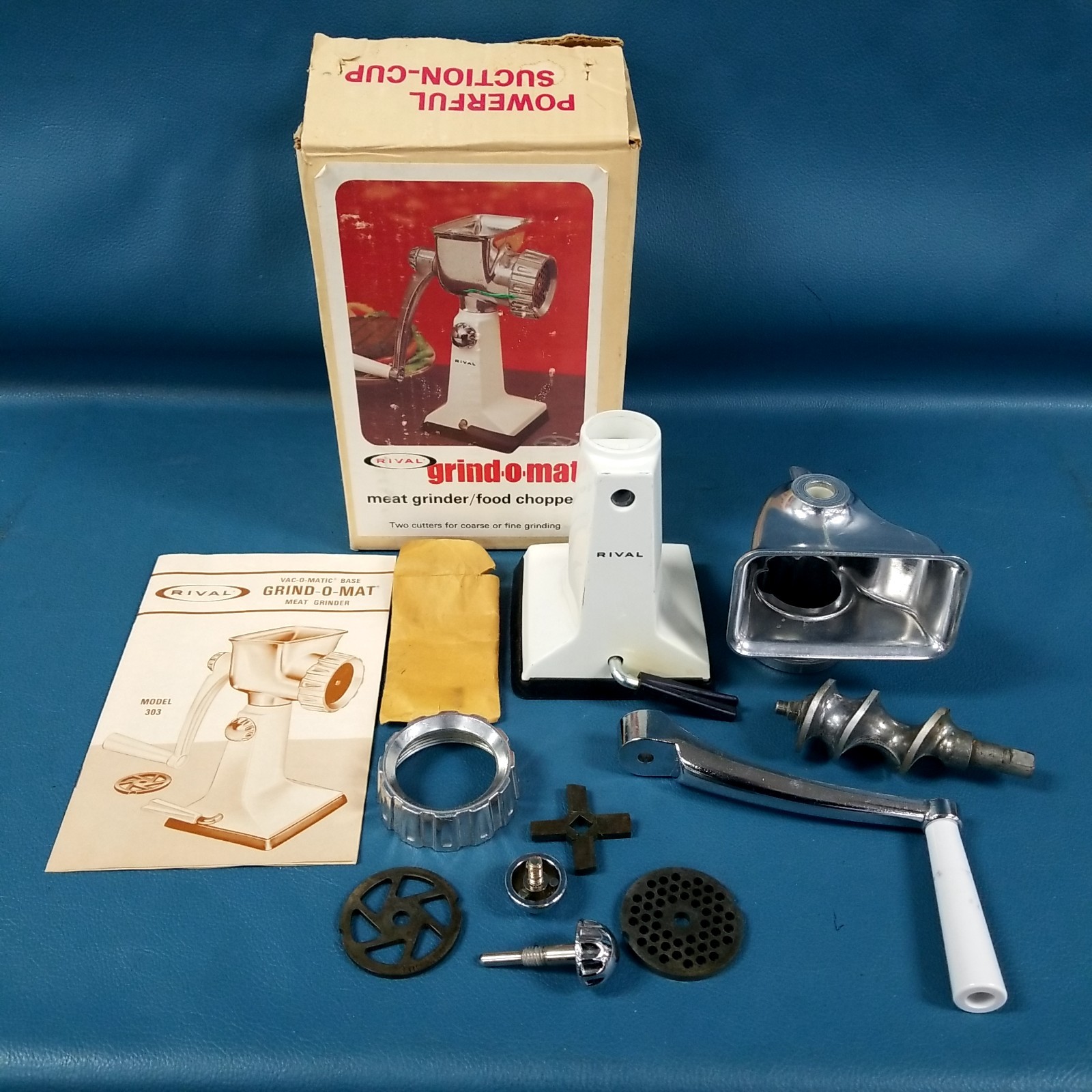 VTG Rival Grind-O-Mat Meat Grinder Food Chopper White #303 w/Box Manual