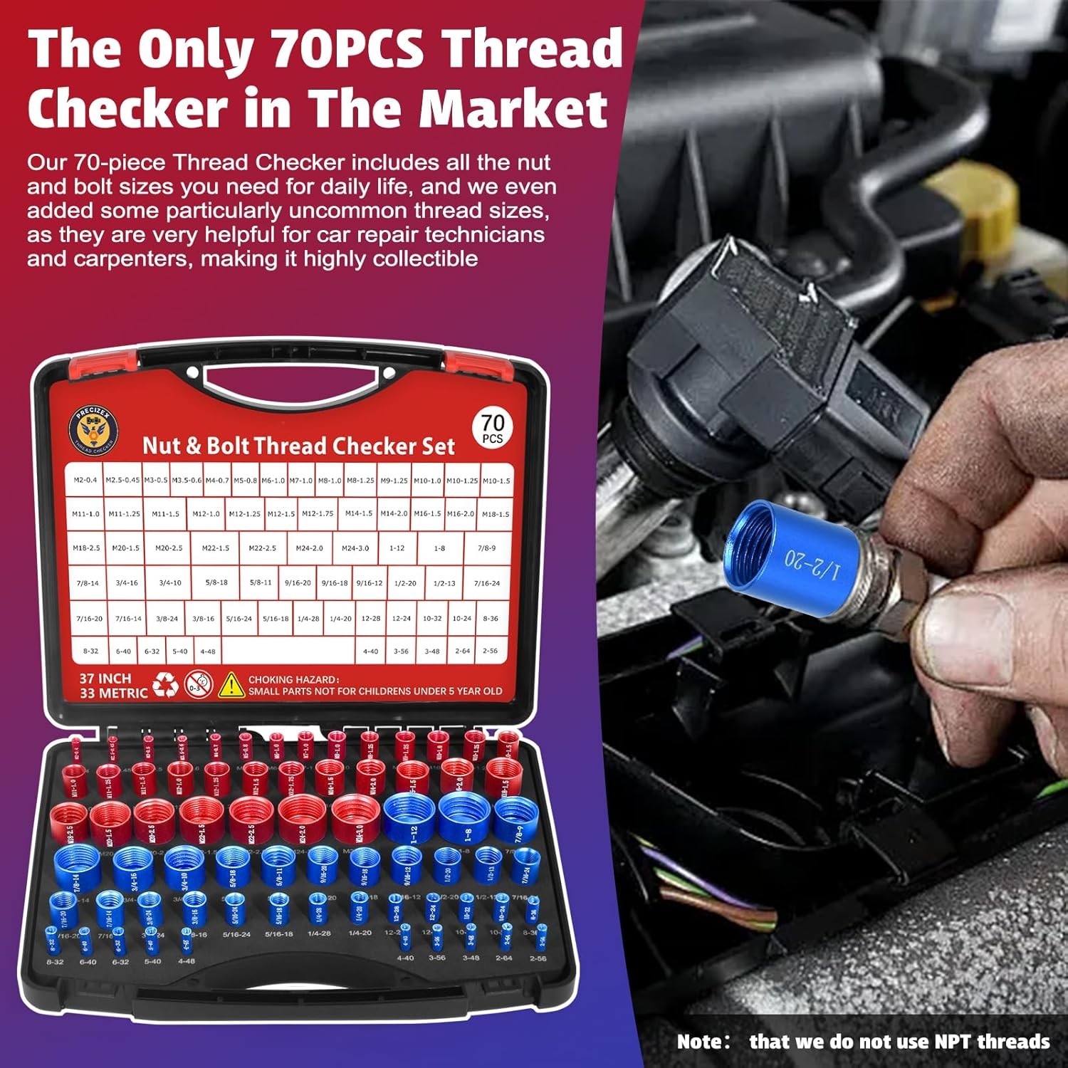 70 Pcs Nut & Bolt Thread Checker Set 37 SAE 33 Metric Gauge for Size Checking