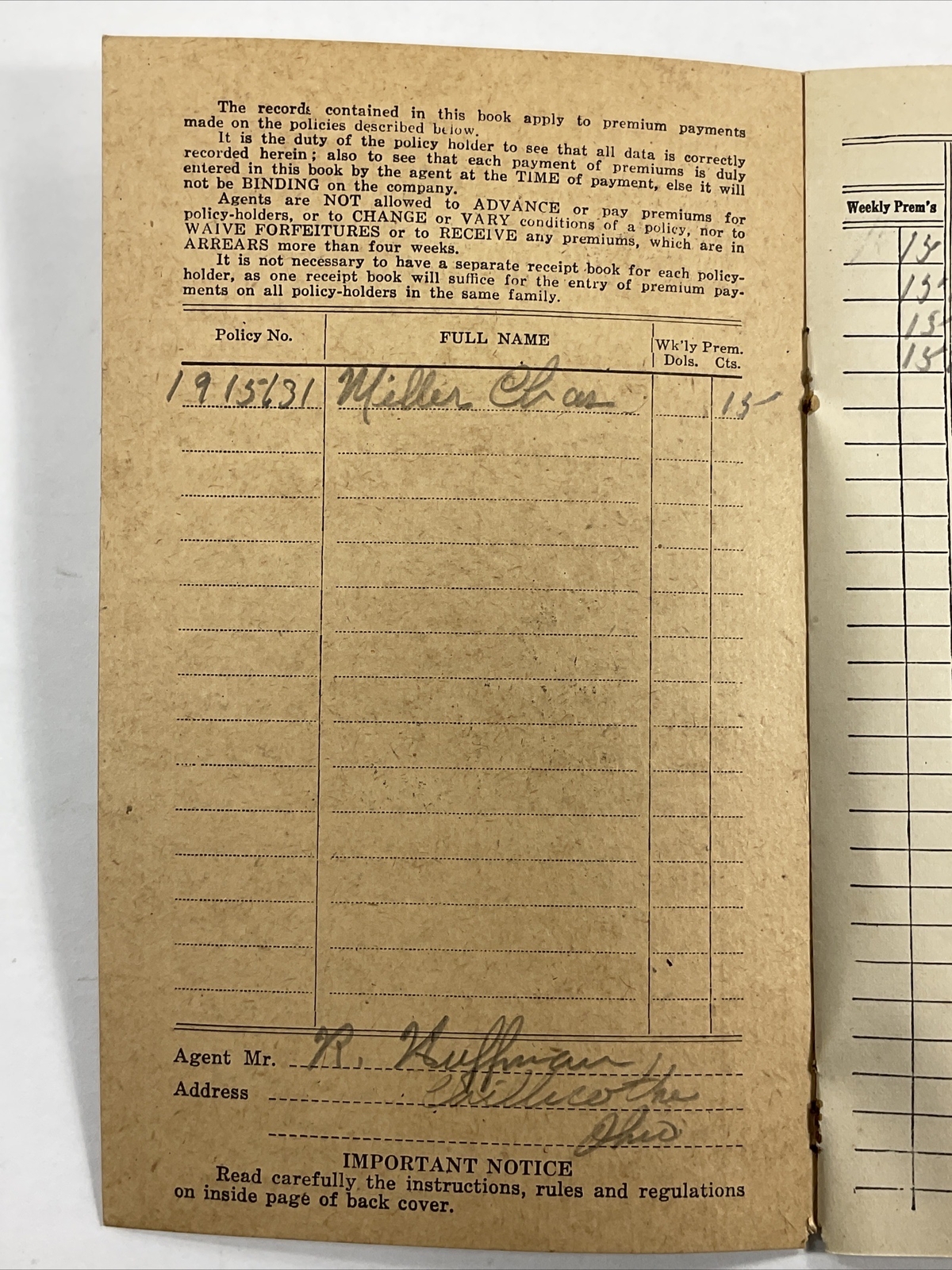 1921 Chillicothe, Ohio Frak Rays Western & Southern Insurance Receipt Book