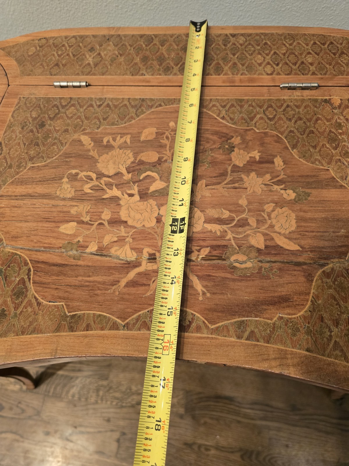 "Antique vanity table from the late 1800s with intricate inlay & a hidden mirror