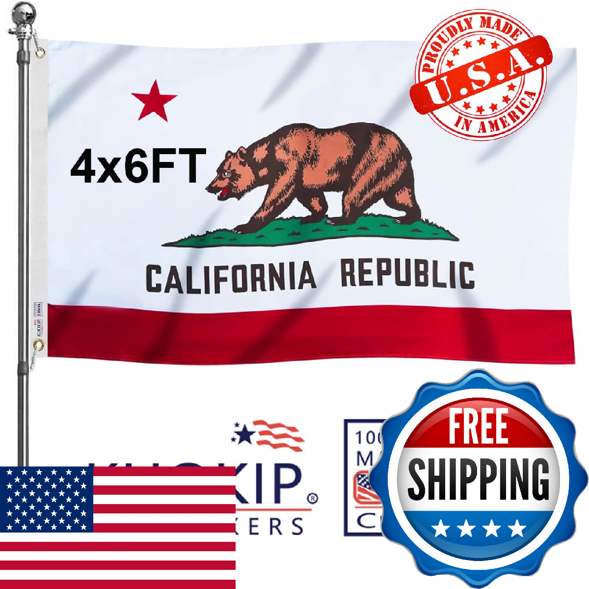 KUOKIP California Republic State Flag 4x6 FT Made in The USA-Heavy Duty Vibrant