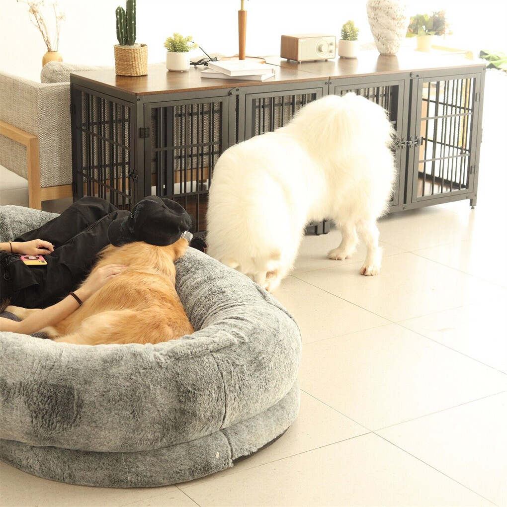 Indestructible Wooden Dog Crate Furniture with Divider for 2 Dogs Cage End Table