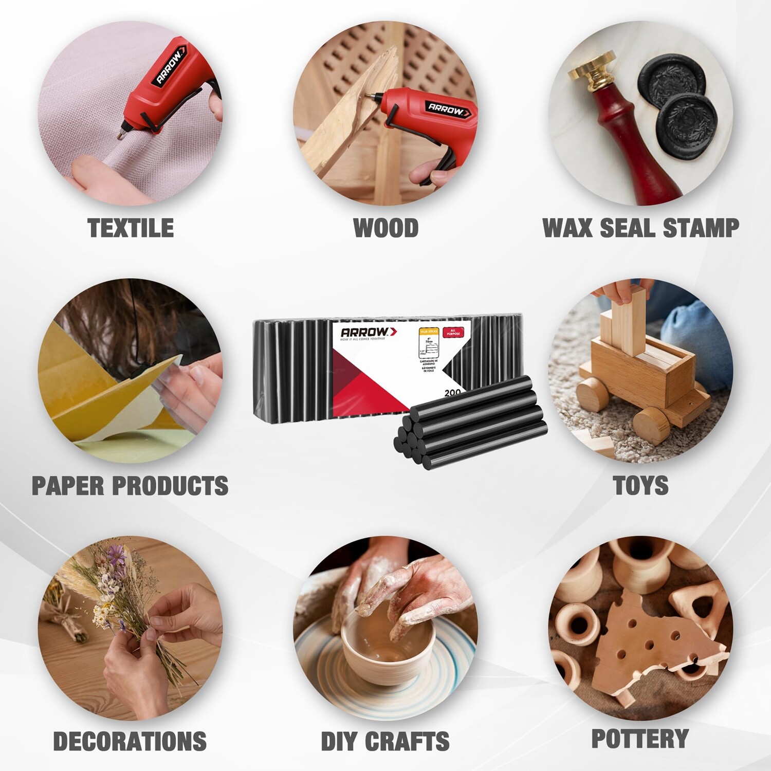 Arrow 200PC Full Size Hot Glue Stick Black Glue Gun Stick 4"x1/2" Hot Melt Stick