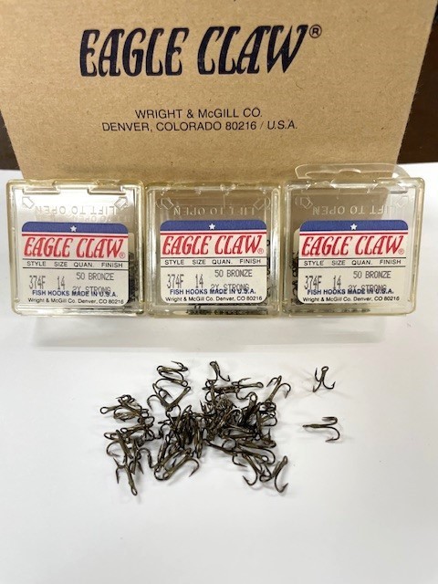 3 BOXES OF 50 BRONZE SIZE 14 TREBLE HOOK!  2X STRONG!  TOTAL OF 150 TREBEL HOOKS