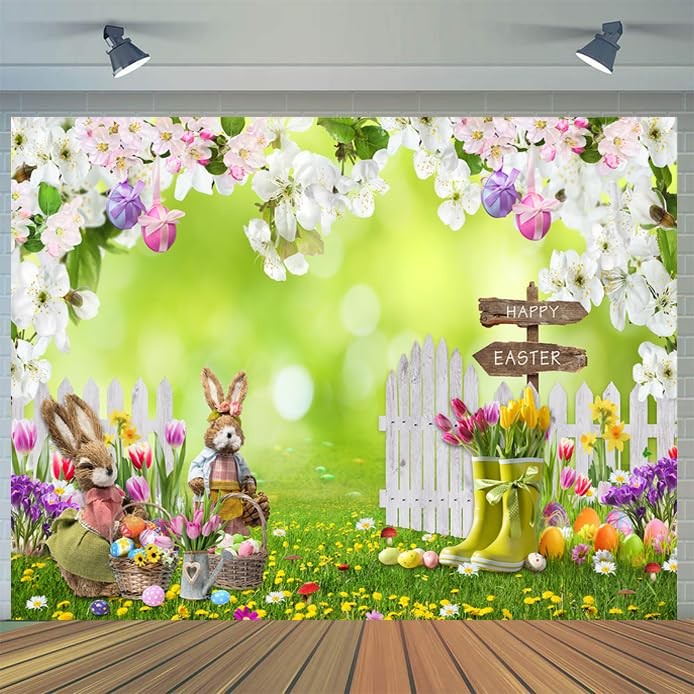 7x5FT Easter Photo Backdrop Spring Flowers Grass Backdrop Colored Egg 7x5ft