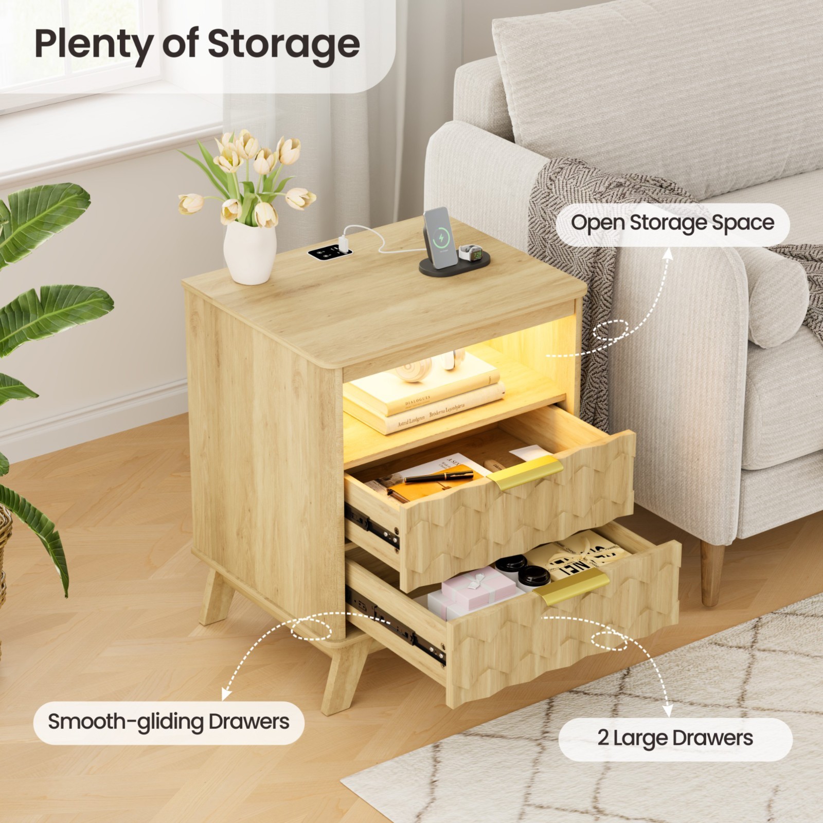 Gurexl LED Nightstand - with Auto Sensor, Natural Night Stand with 3 Color Light