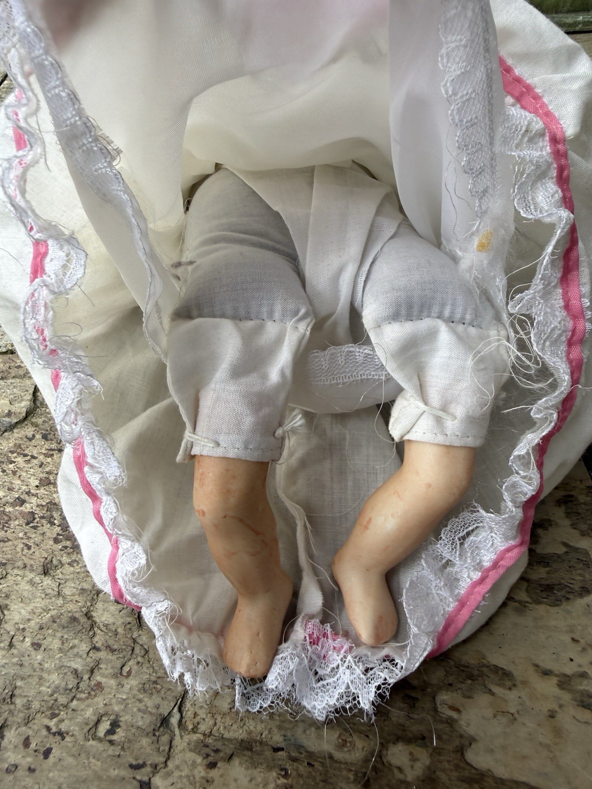 Vintage 13” Three Faced Bisque Porcelain Doll With Bonnet Triple Head Taiwan