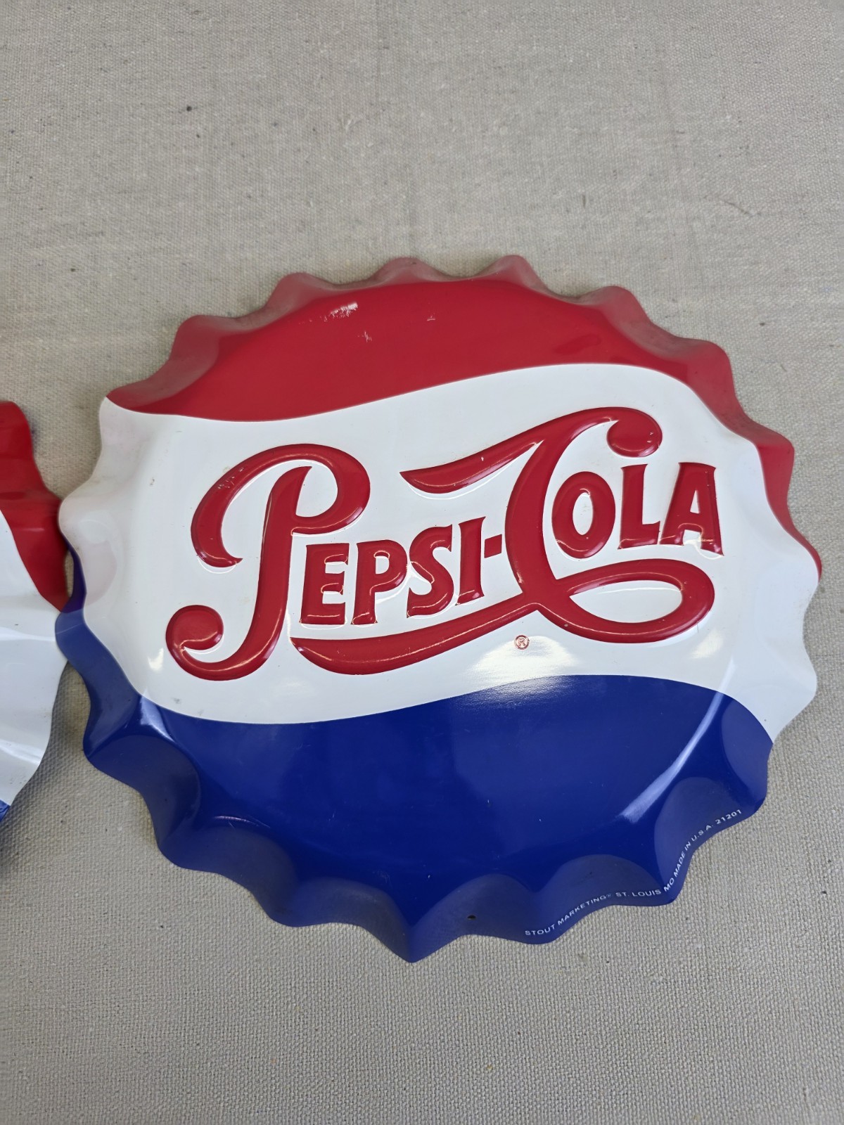 2 Vintage Pepsi-Cola Metal Bottle Cap Embossed Stout Marketing Sign - 11"