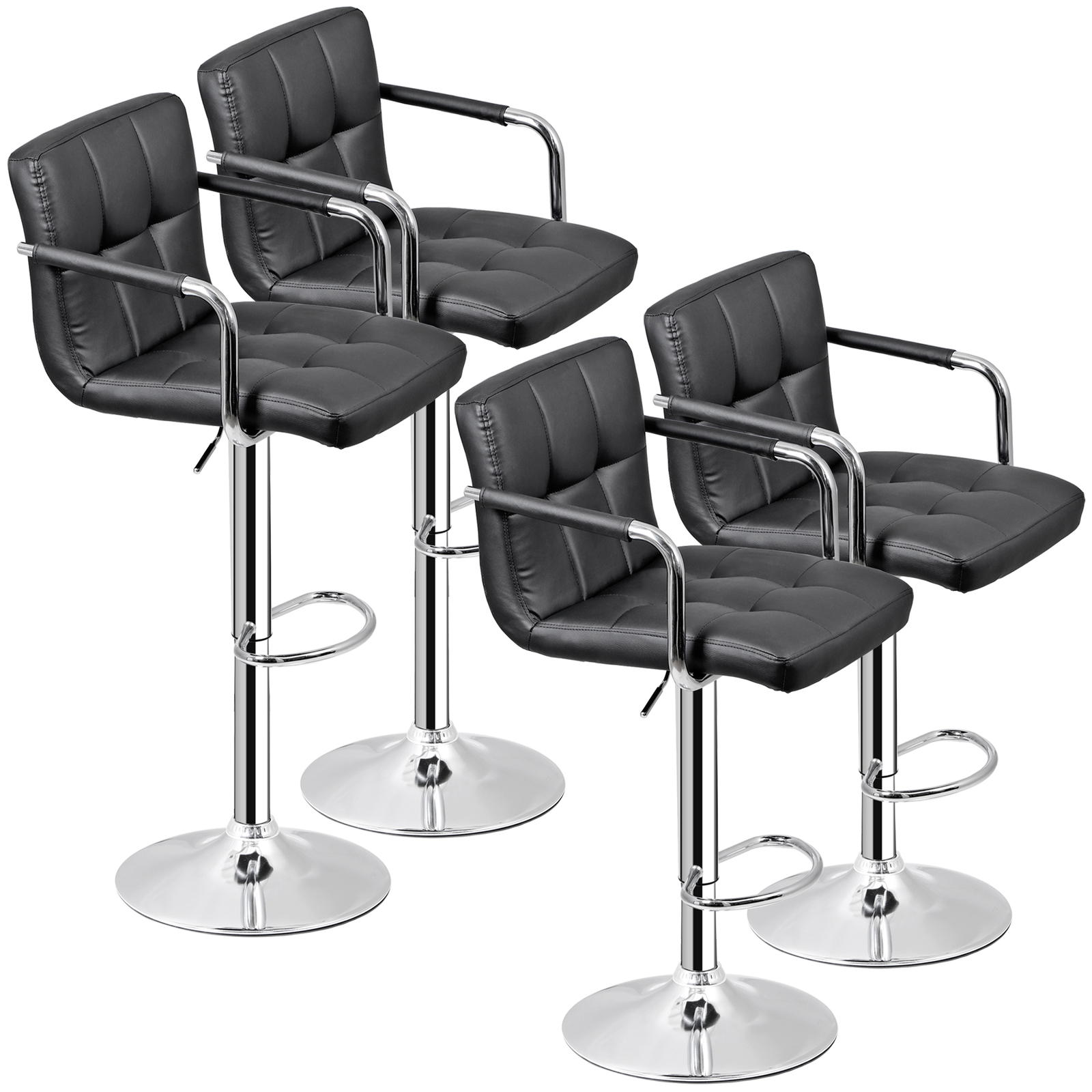 Set of 4 Bar Stools Swivel Adjustable Bar Chairs PU Leather w/Backrest & Armrest