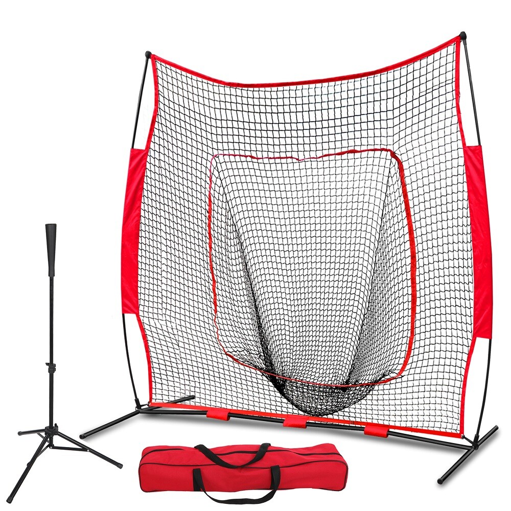 Pro-Style Batting Tee +Baseball Softball 7'×7' Practice Net w/Bag and Bow Frame