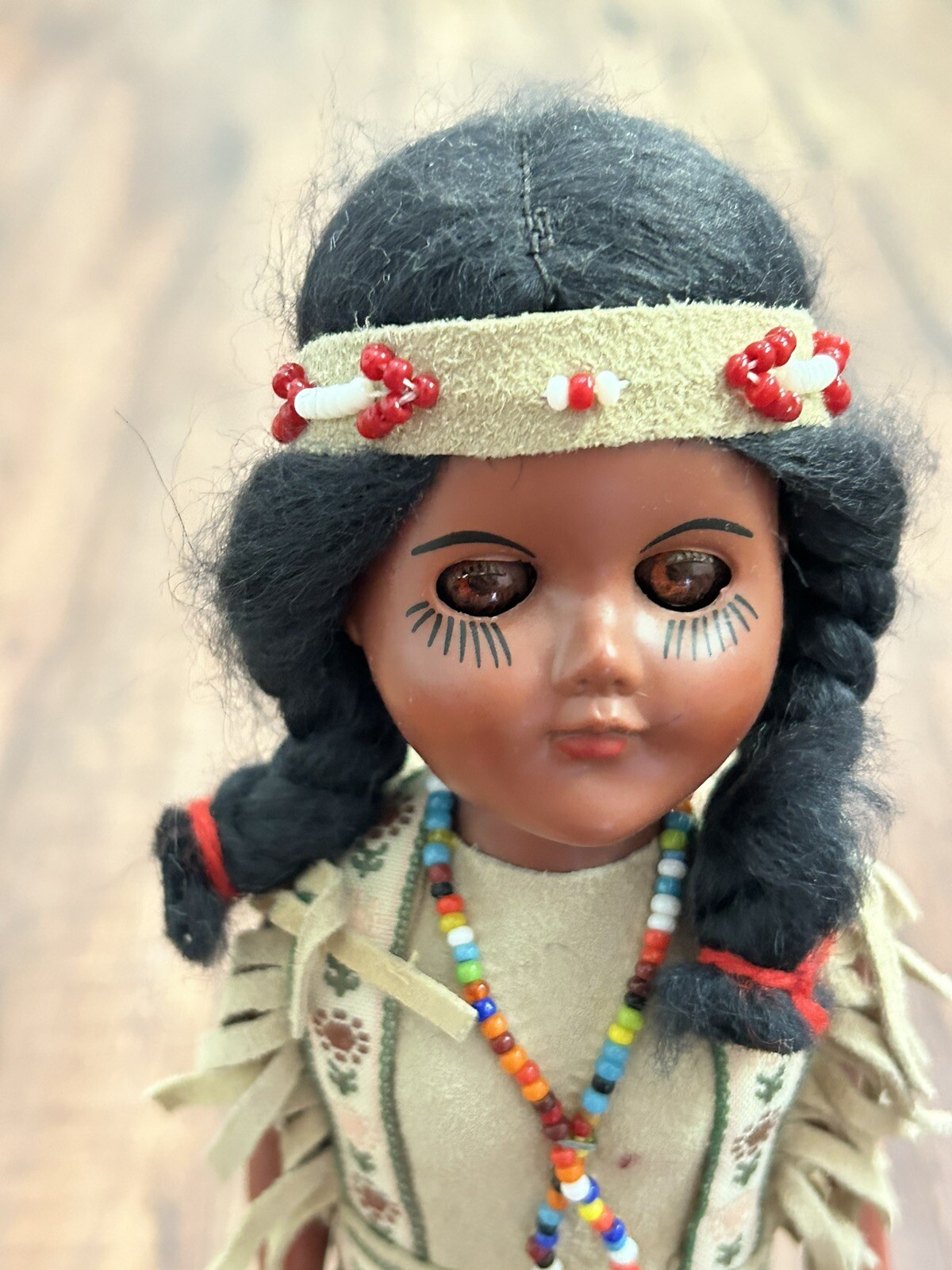 Vintage Native American Indian Sleepy Eye Doll Plastic W/ Leather Clothes Beads