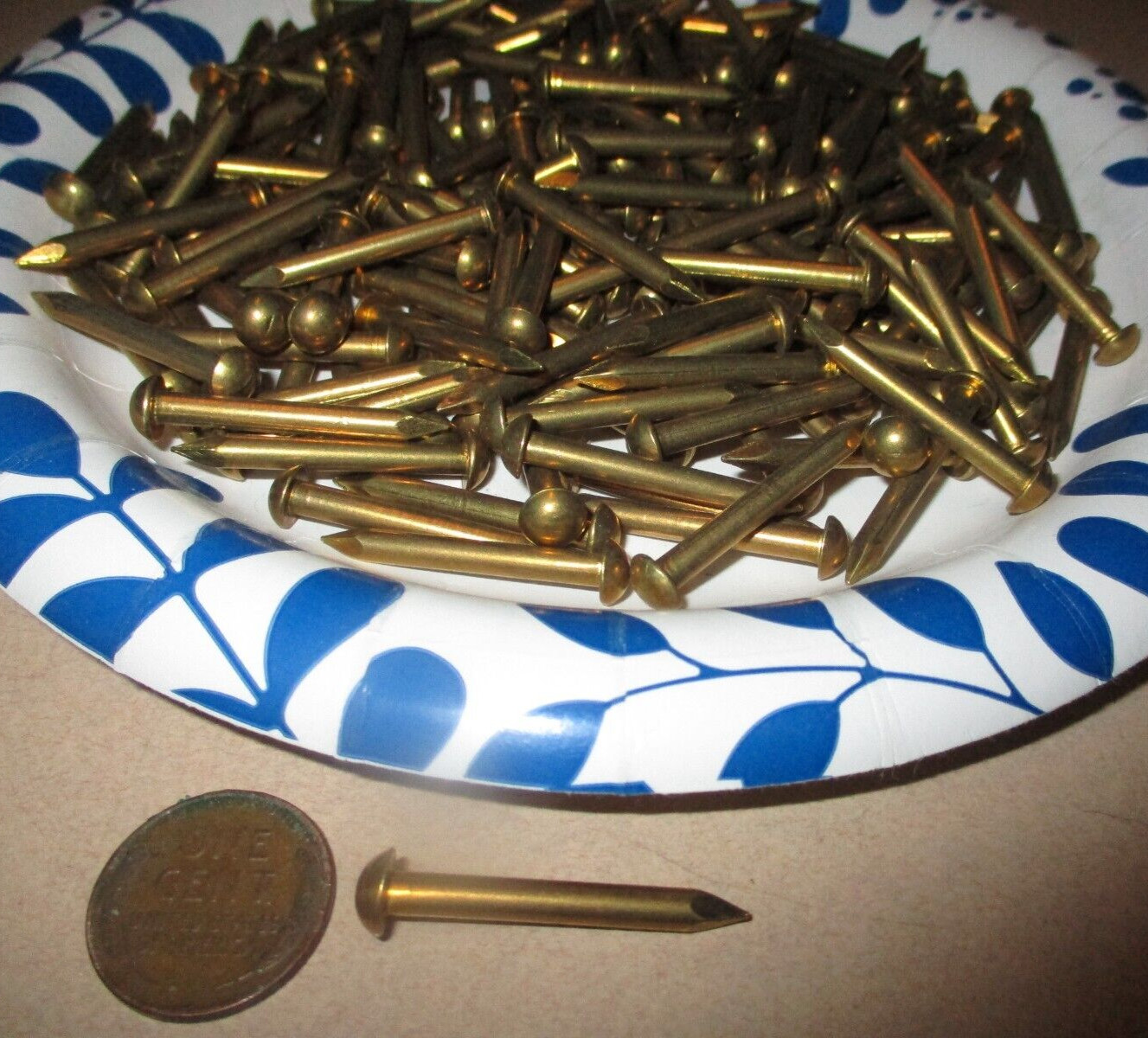 40-VINTAGE 1 1/8" X #10, SOLID BRASS ESCUTCHEON PINS NAILS, BIG ROUND DOME HEADS