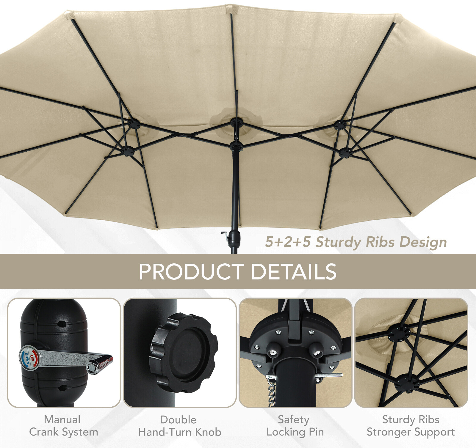 15FT Double-Sided Outdoor Sun Shade Backyard Patio Umbrella Beige w/ Crank Base