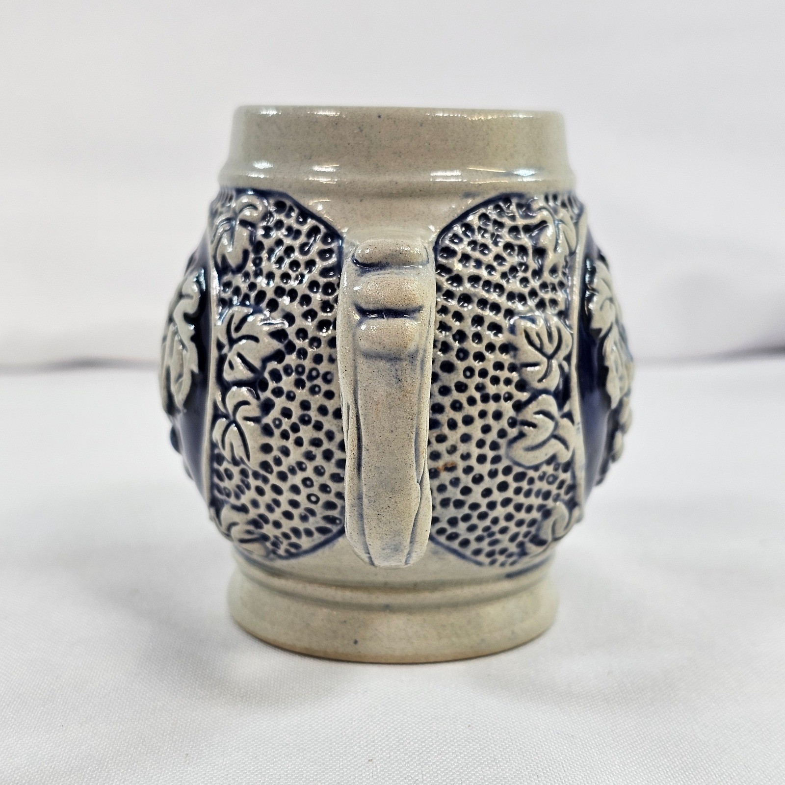 King German Salt Glaze Stoneware Beer Stein Mug Grape Relief Cobalt Blue 4in