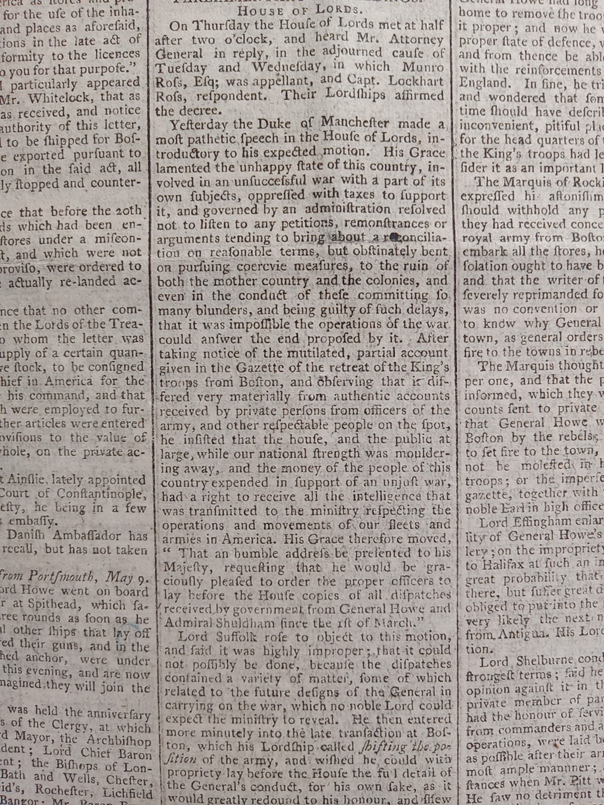 Original 1776 British Newspaper - American Revolutionary War - Colonies