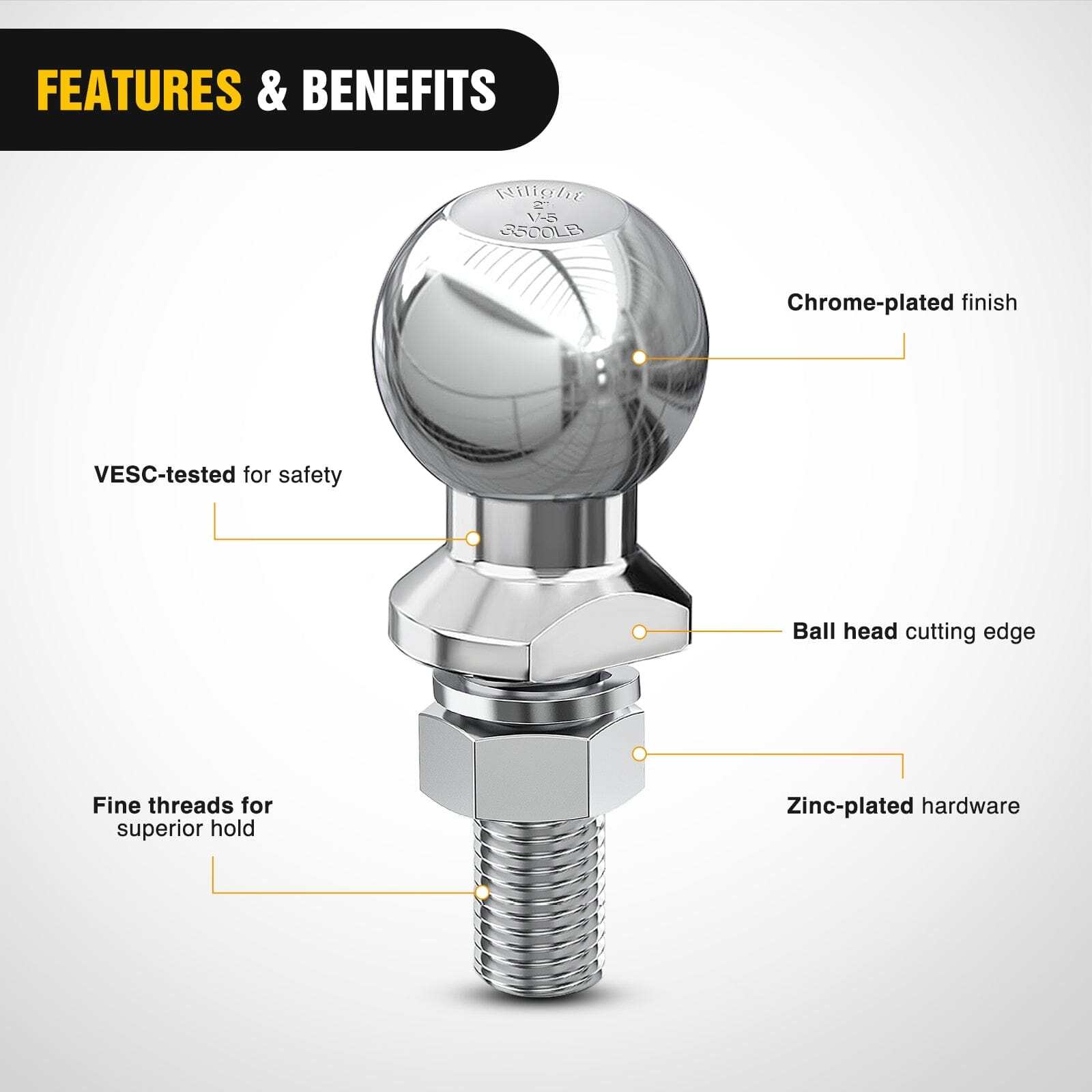 Nilight 2 Inch Diameter Chrome Trailer Hitch Ball, New