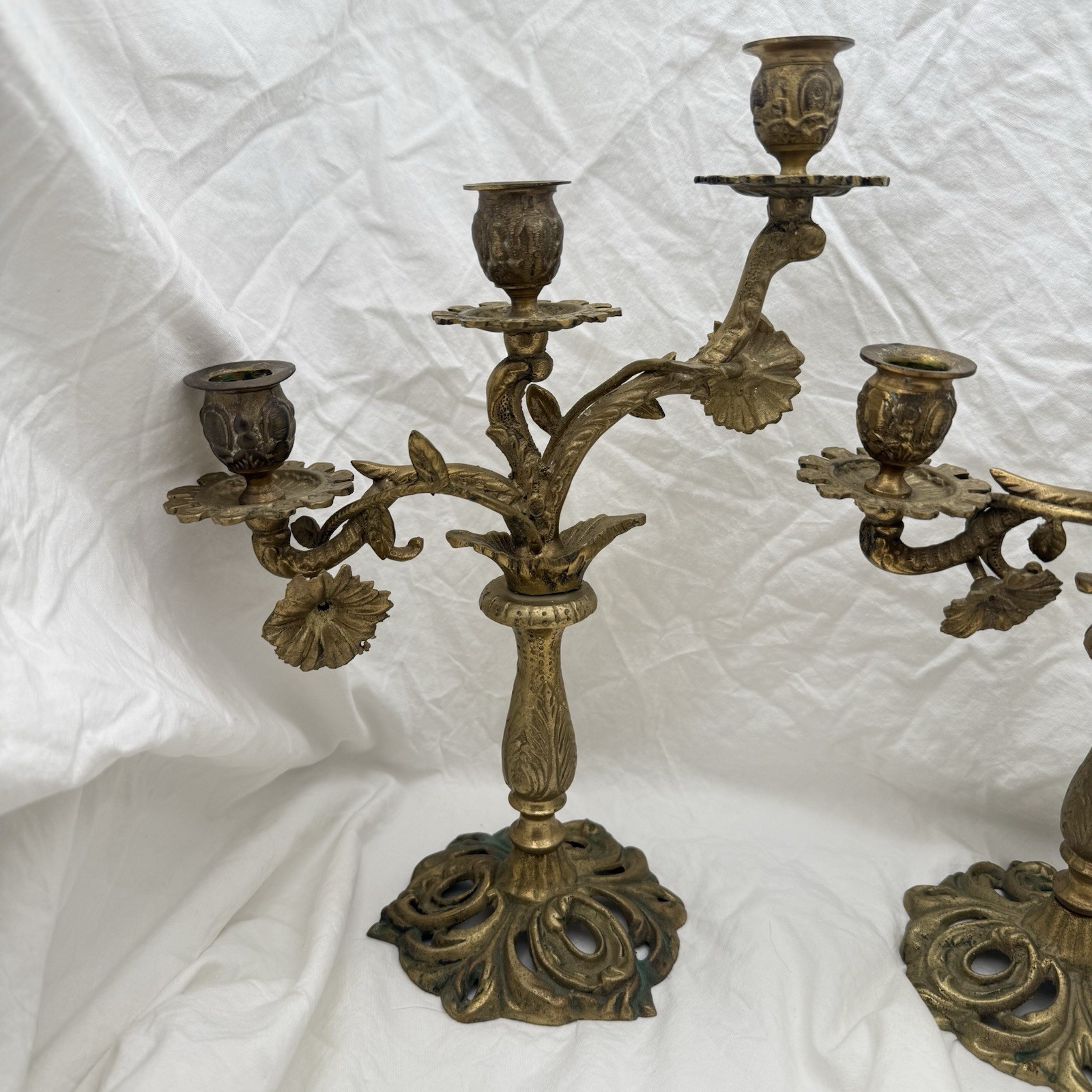 Vtg Triple Candelabra Ornate Floral Heavy Brass Candlesticks Candle Holders Pair