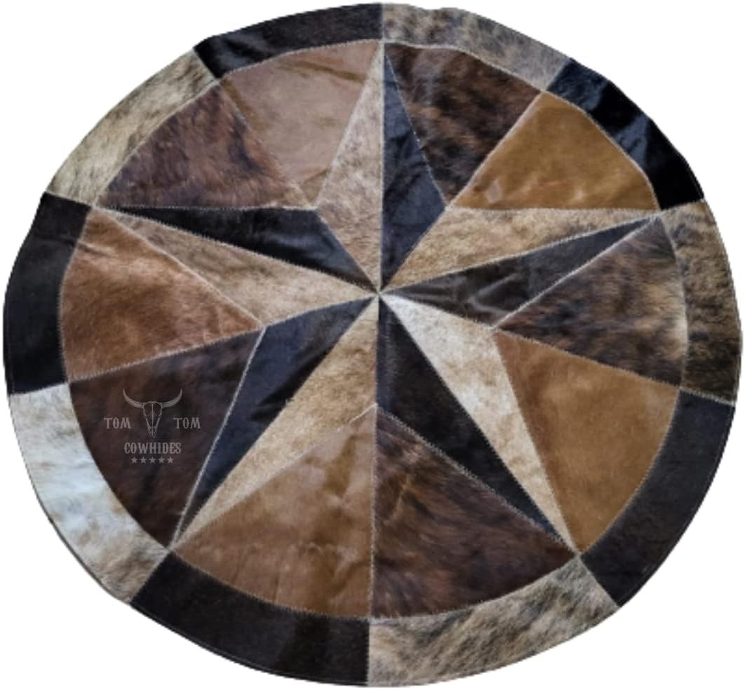 Cowhides Rug Leather Star Cow Hide Patchwork Area Round Carpet 40, Brown
