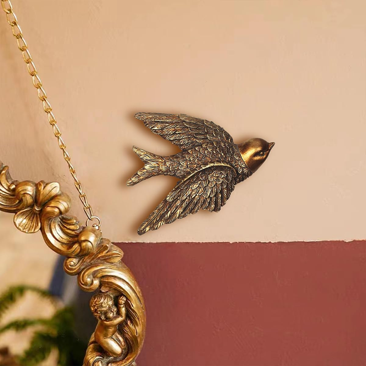 Vintage Wall Sculpture, Antique Pediment Hallway Wall Art, Hand Painted Bird wit