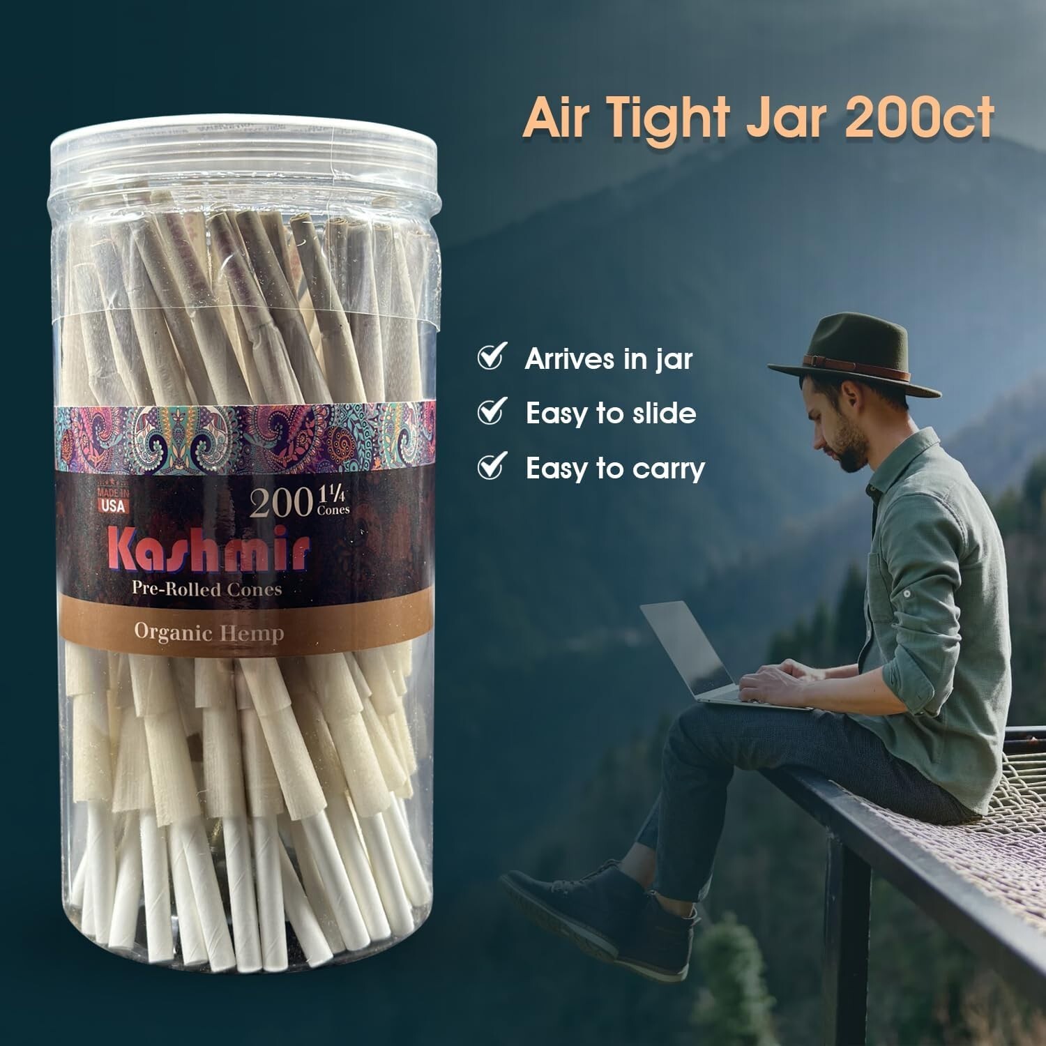 Kashmir Pre Rolled Cones 1 1/4 Size Smooth Organic Rolling Papers Cones - 200 Ct