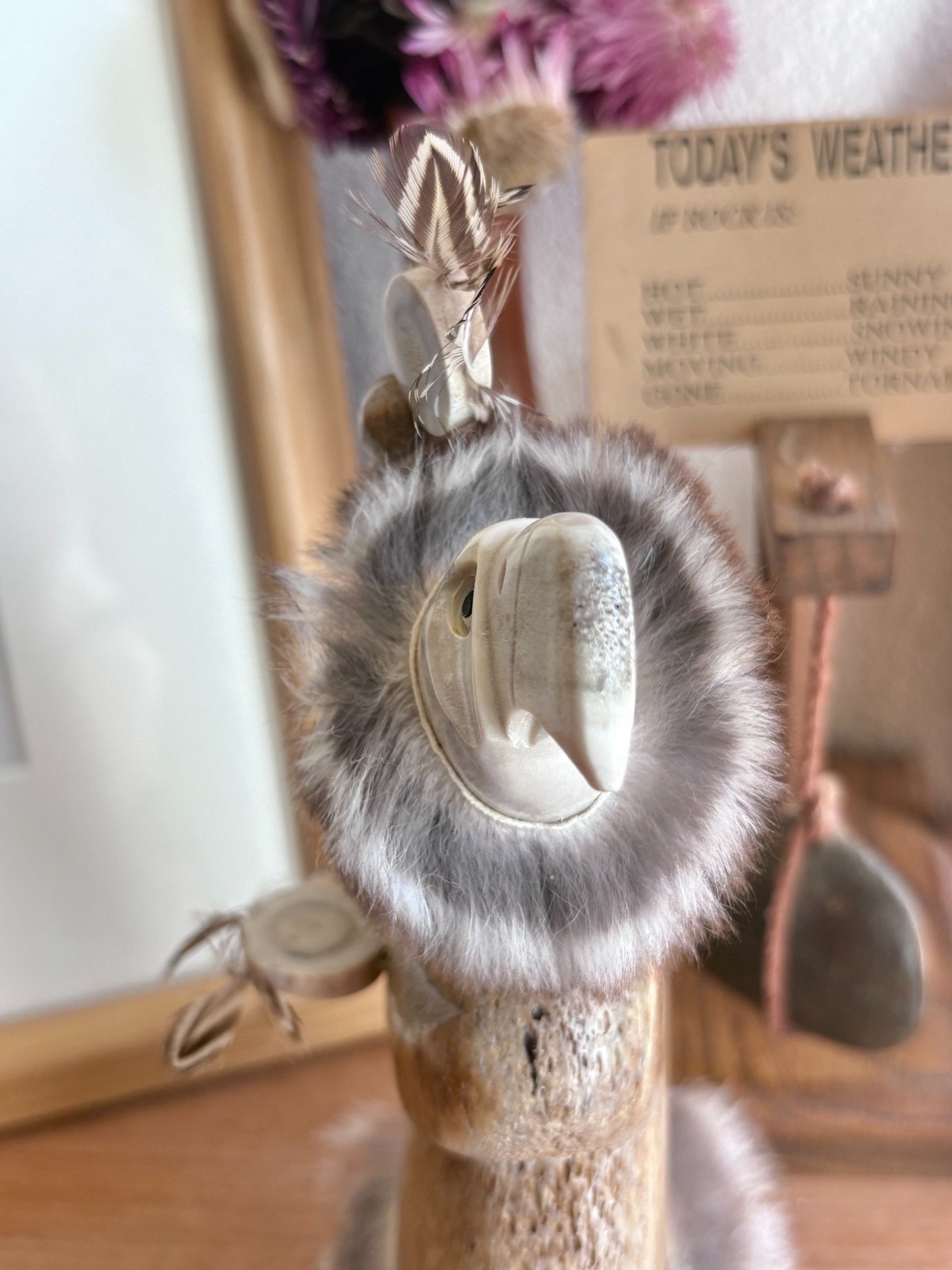 Vukson Signed Handmade Moose Antler?, Fur + Stone Inuit Eskimo Eagle Sculpture