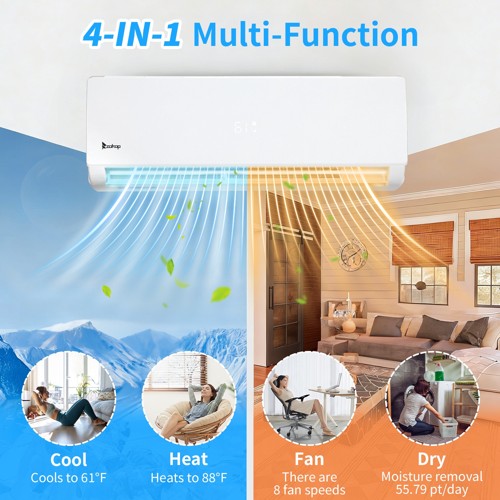28000 BTU Tri Zone Ductless Mini Split Air Conditioner & Heat Pump -20 SEER,Wifi