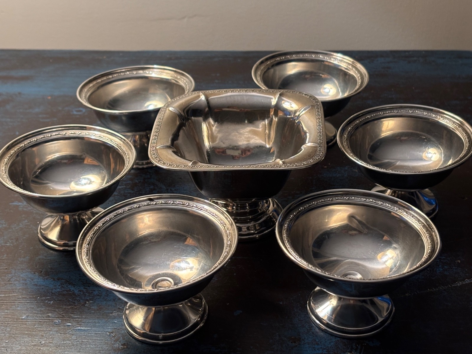 International Sterling Silver 6 Dessert Cups P 106 & 822 Sterling Nut Dish 344g