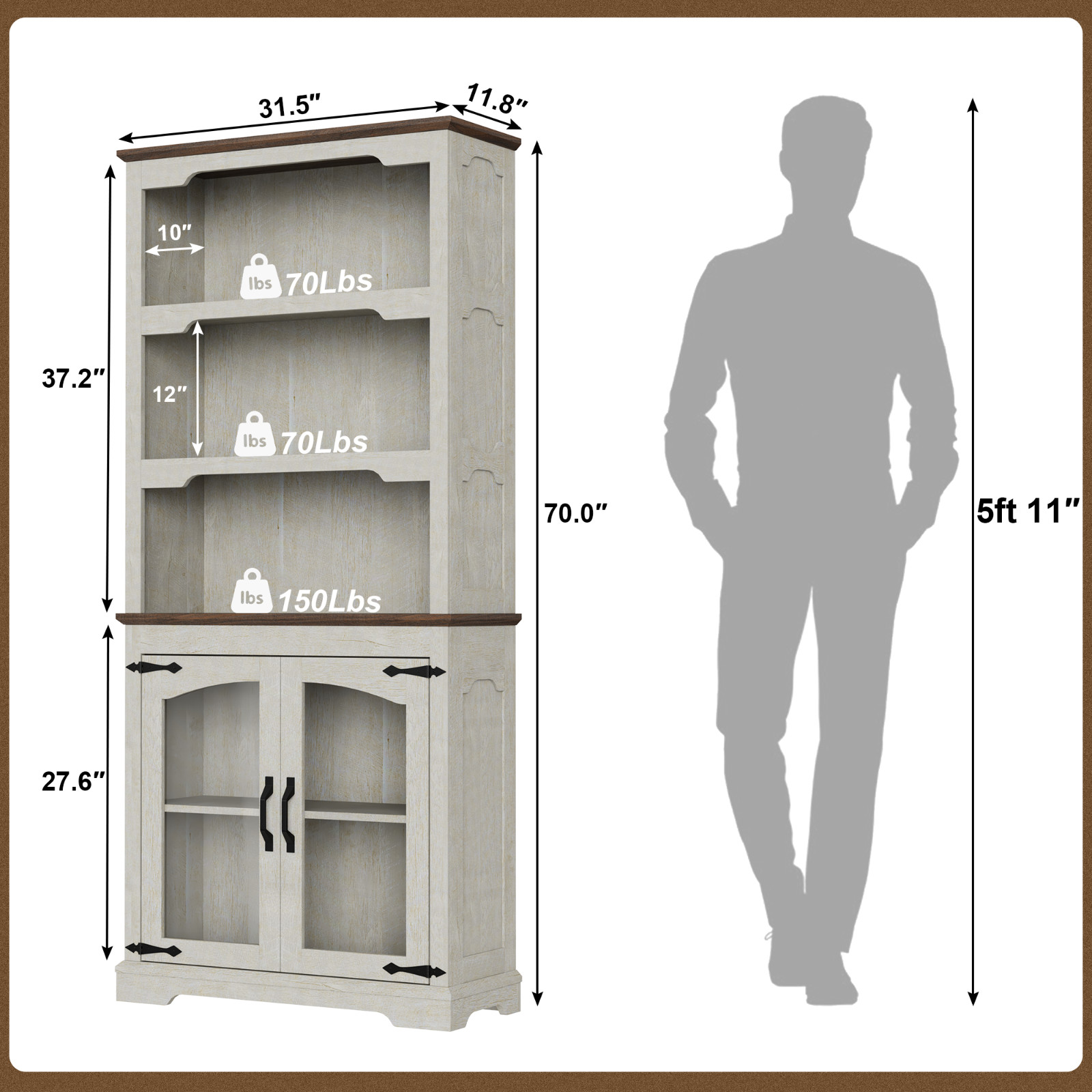 Farmhouse Tall Bookcase with Doors, Rustic White Storage Cabinet with Anti-Tip