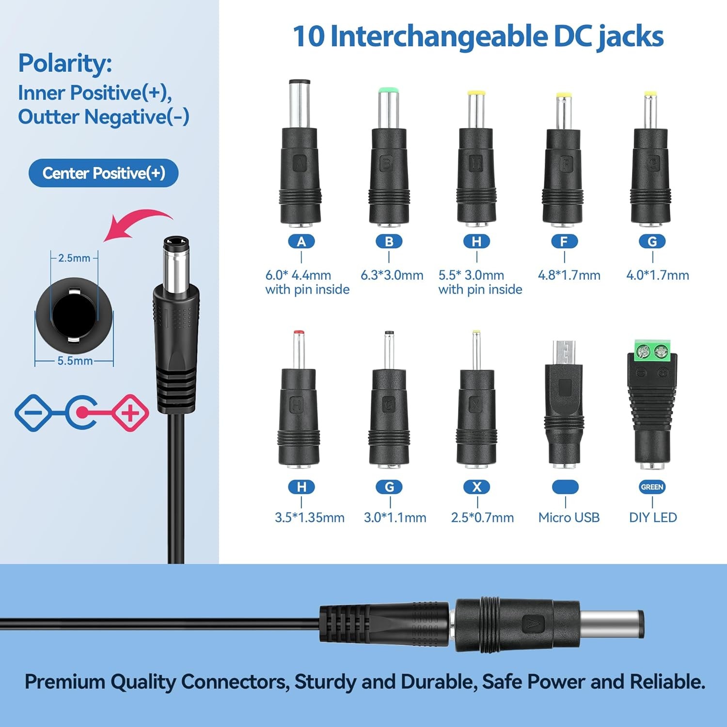 5V 3A 2.5A Adapters Power Cord with 10 Plug 5.0V 3000mA 2800mA 2500mA Charger