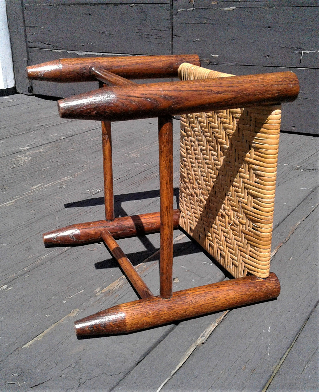 Antique Oak Foot Stool with Hand Woven Seat 1900s Era