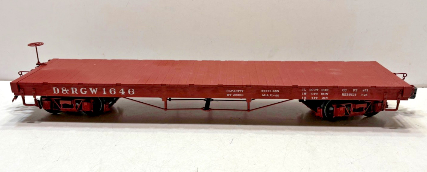 ACCUCRAFT/AMS "1:20:3" SCALE AMS D & RGW #1646 NARROW GAUGE FLAT CAR, EXCELLENT