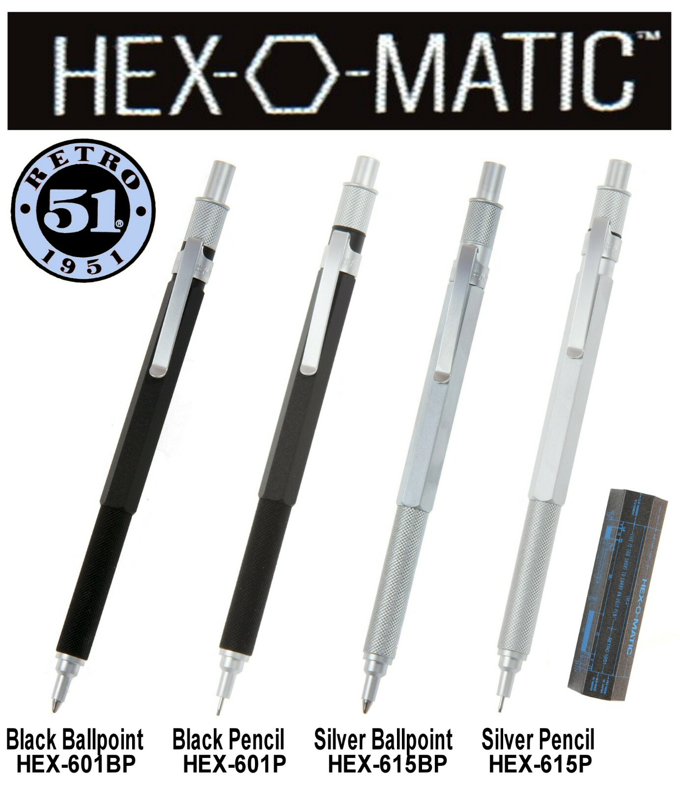 Retro 51 / Hex-o-matic Series Silver Ballpoint Pen #HEX-615BP
