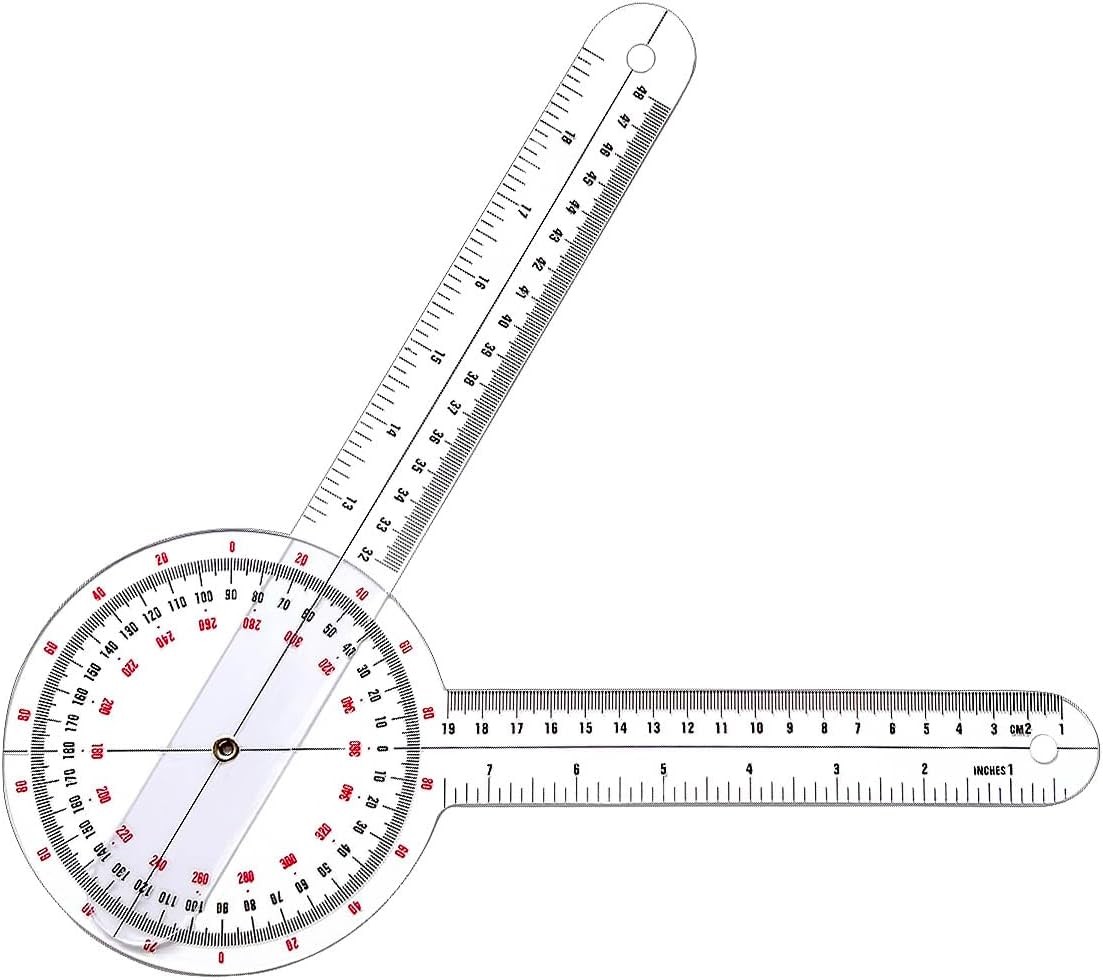 Goniometer 12 inch, Transparent Orthopedic Angle Ruler Plastic Goniometer, 360 D