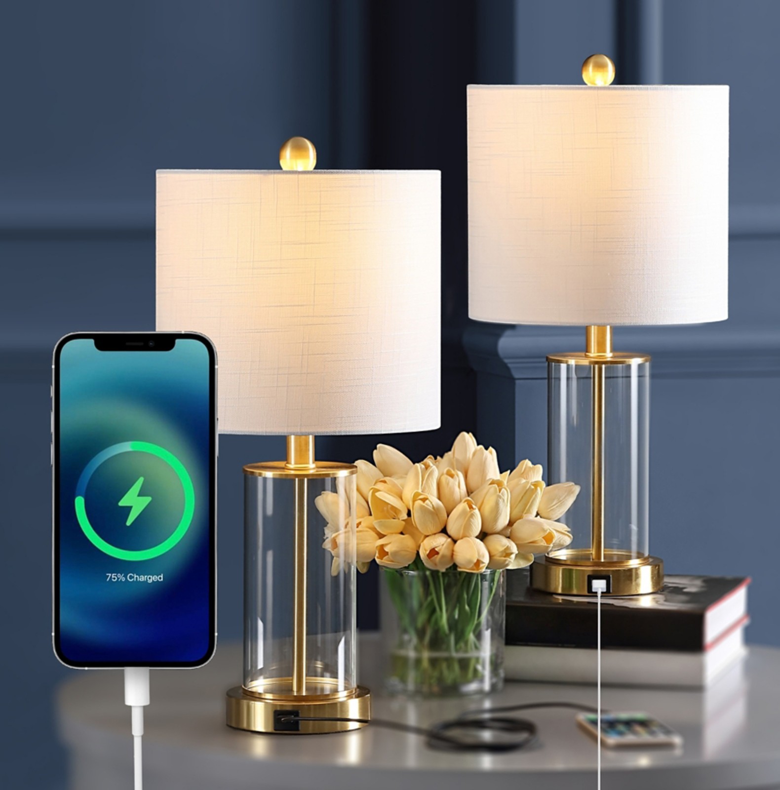 Jonathan Y Abner Glass Modern Contemporary USB Charging LED Table Lamp 2PCS GOLD