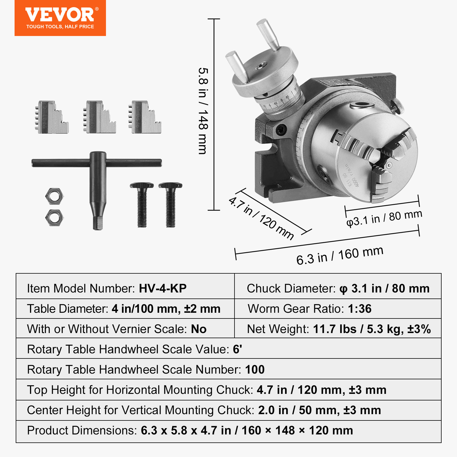 VEVOR Rotary Table for Milling Machines 4'' Horizontal Vertical with 3-Jaw Chuck