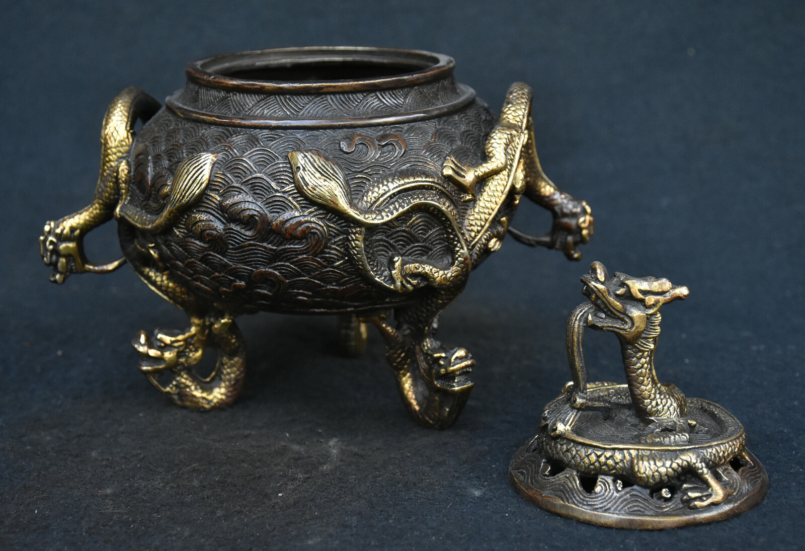 Old Chinese Dynasty Bronze Gilt Animal Dragon Loong Beast Incense Burner Censer