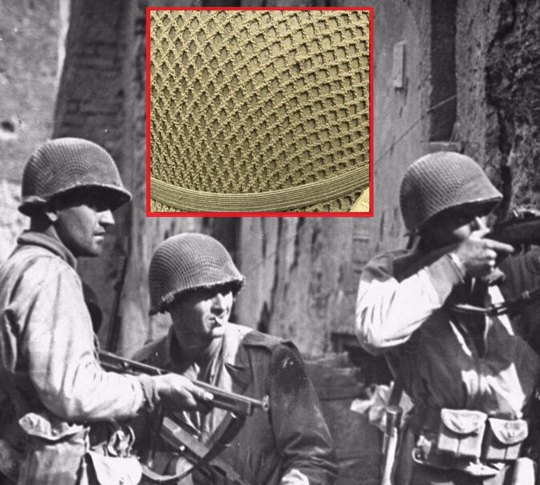 ORIGINAL WWII Woven Square Pattern M1 Helmet Net from US GI OD Camo Shrimp Net 1