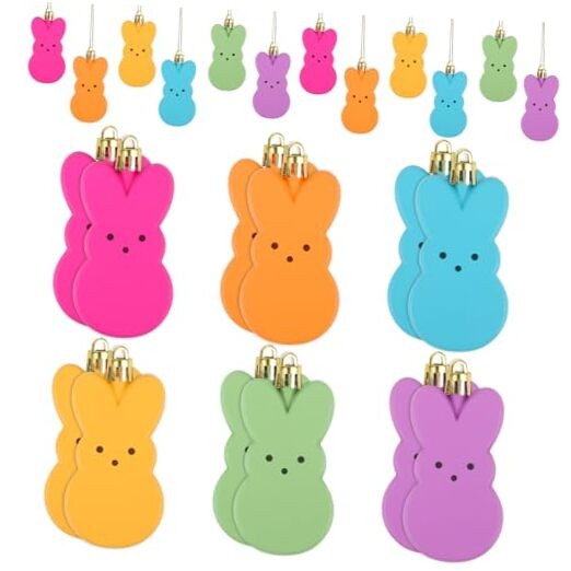 LOAVER 12 Pcs Easter Bunny Hanging Ornaments,Colorful Peeps Bunny Plastic