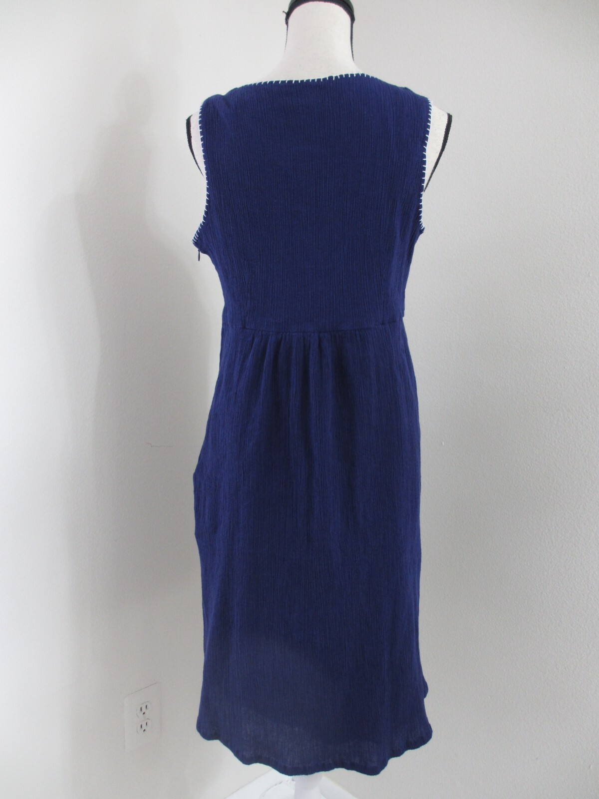 Navy Blue Applique Embroidered Sun Dress Women's 14 Sleeveless Gauze Cotton Boho