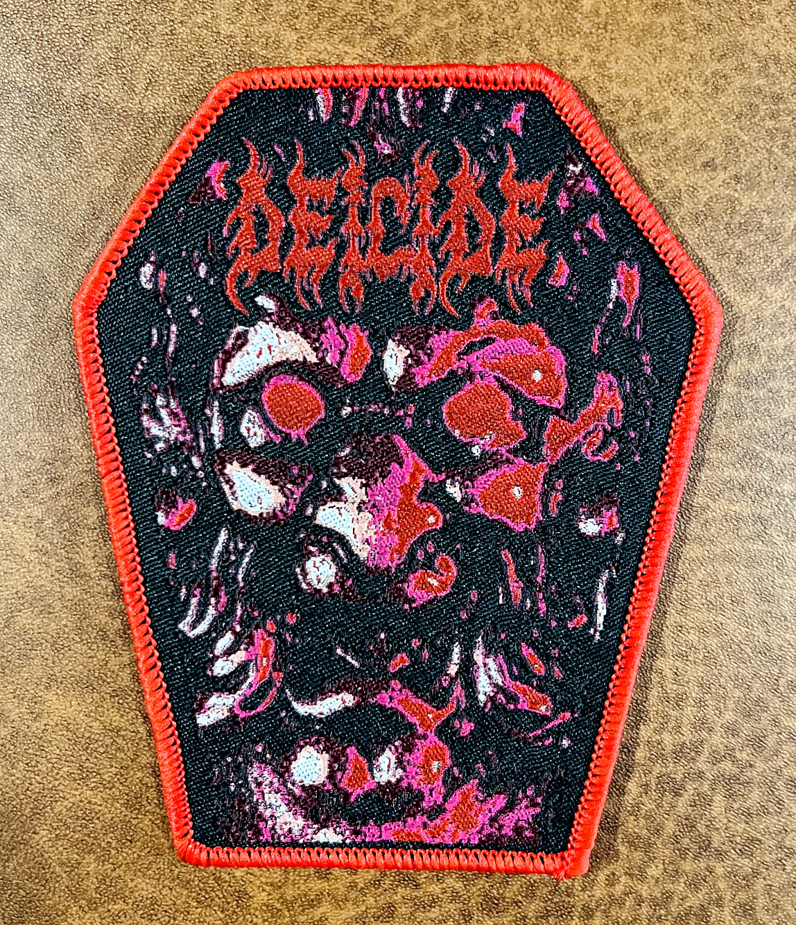 DEICIDE, SEW ON RED BORDER WOVEN PATCH