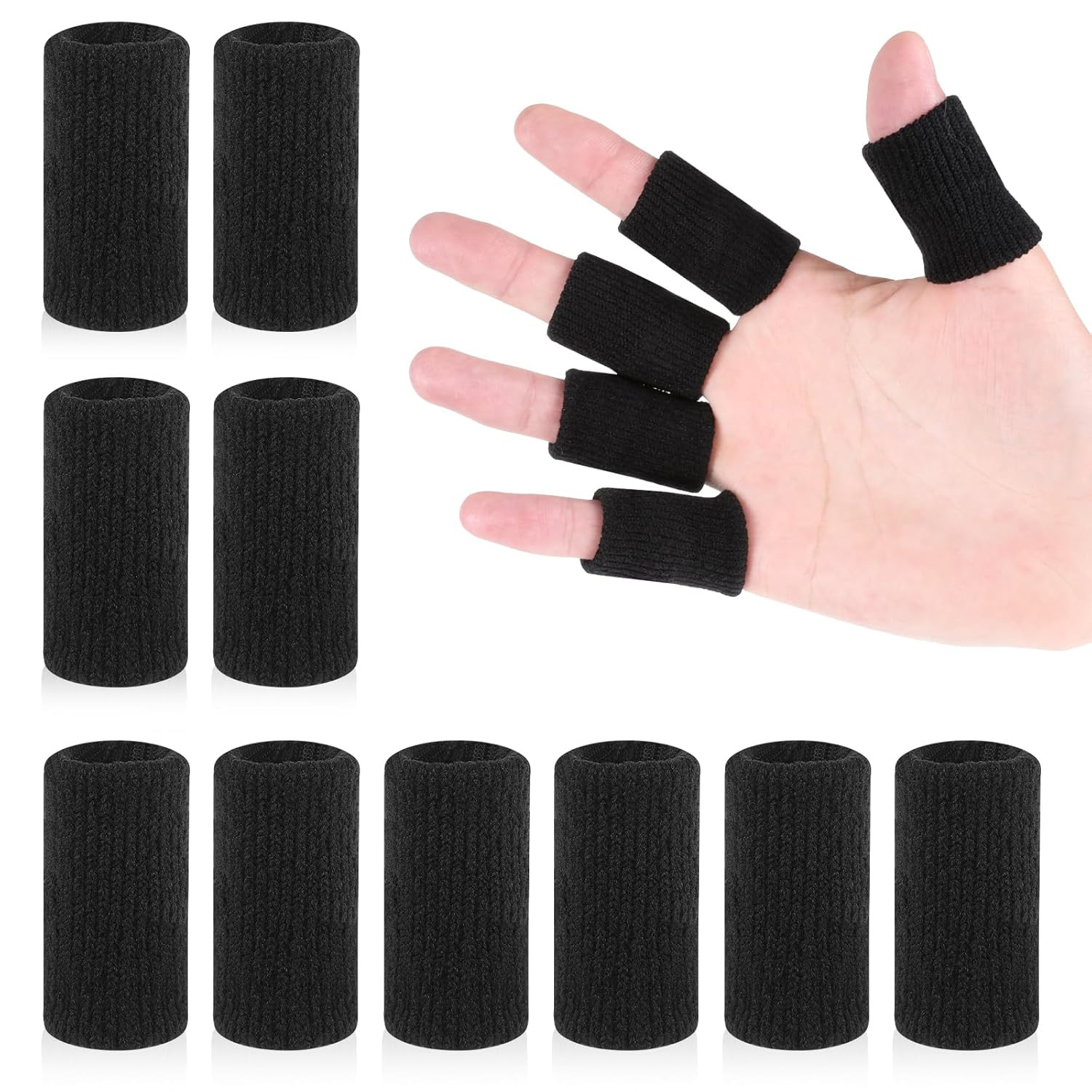 10-Pack Black Finger Sleeves for Sports, Compression Support & Protection