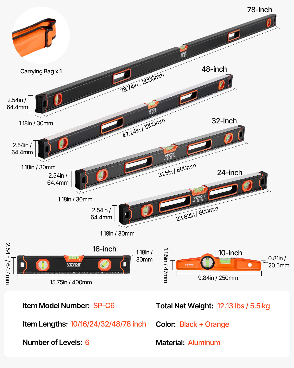 VEVOR 6PCS Magnetic Torpedo Level 78/48/32/24/16/10" Box Leveler Bubble Vials