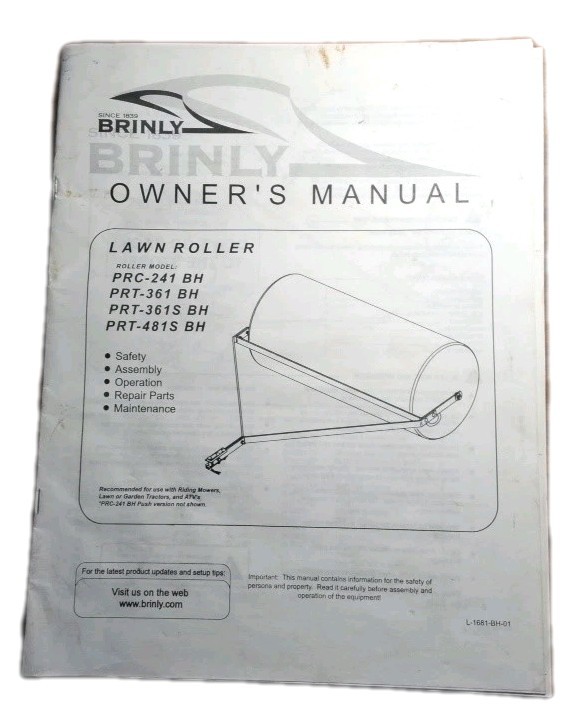 Brinly lawn roller models PRC-241 BH, PRT-361 BH, PRT-361S BH, and PRT-481S BH. 