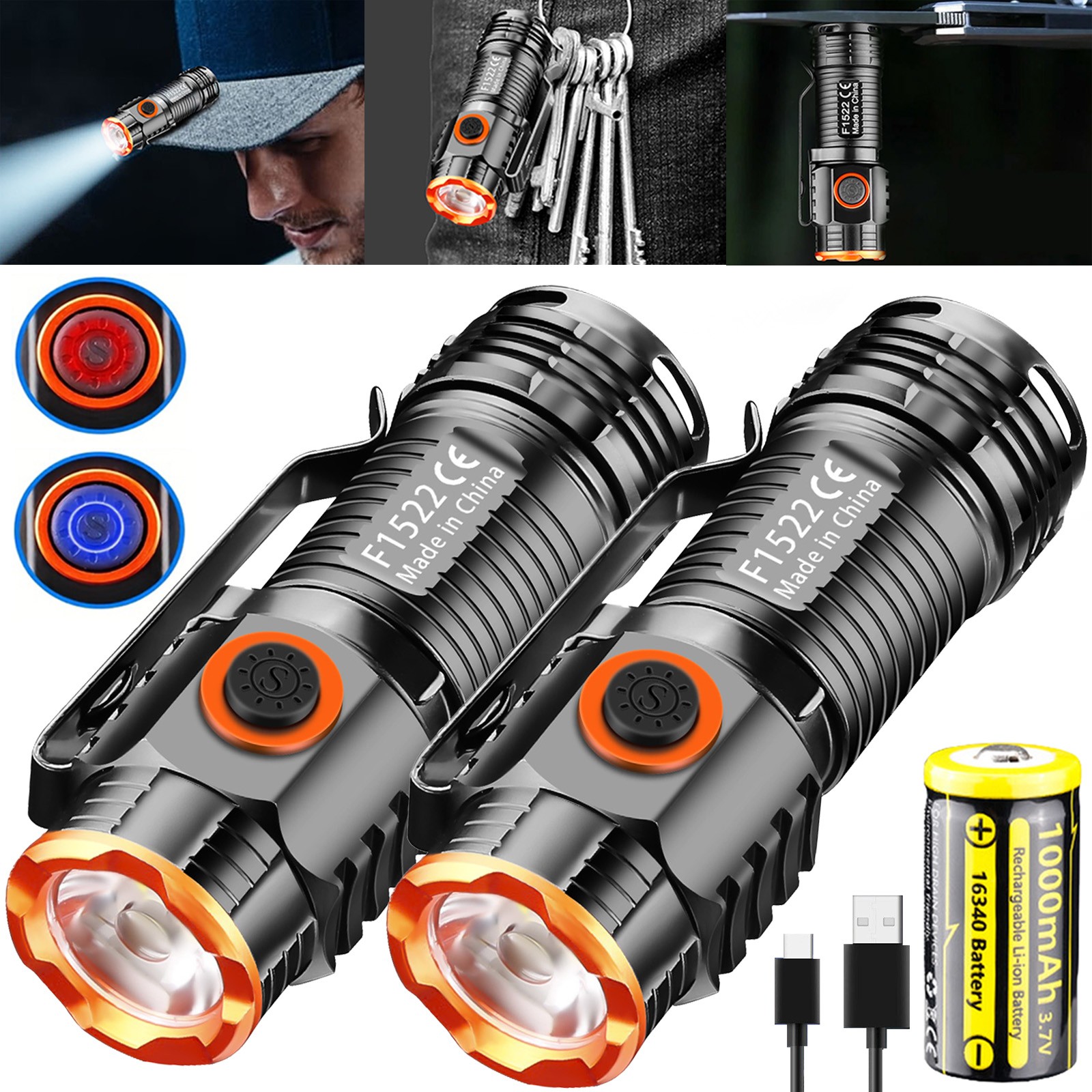 90000LM Tactical LED Mini Pocket Magnet Flashlight Rechargeable EDC Hat Headlamp