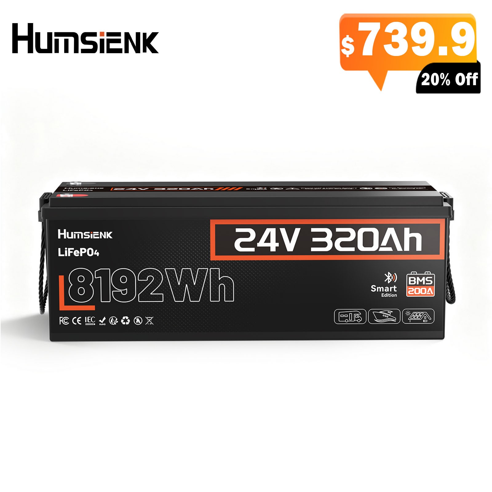 24V 320Ah 300Ah LiFePO4 Lithium Battery Bluetooth 8192Wh 200A BMS Solar Off-grid