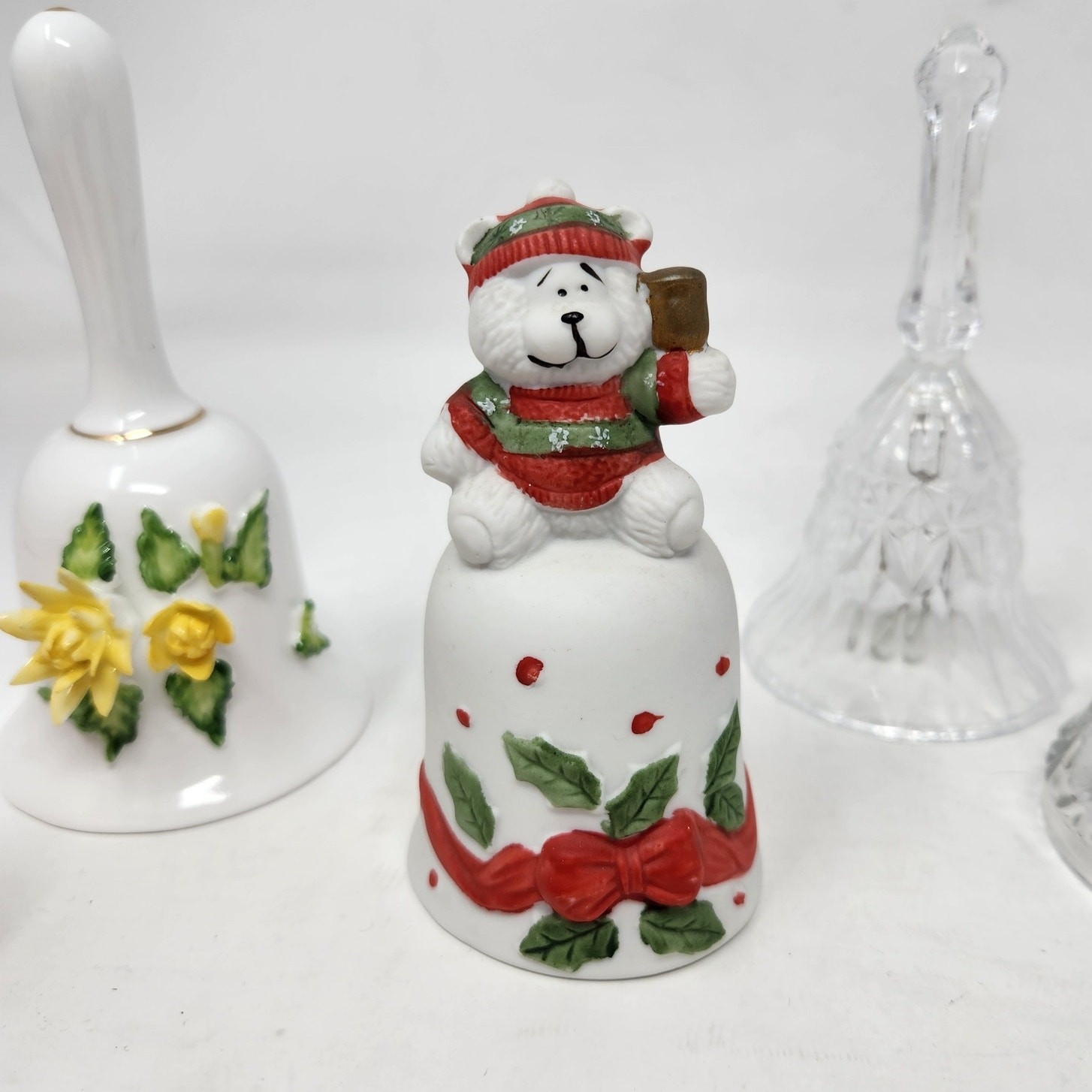 Lot Of 7 Mixed Etched Glass Ceramic Vintage Bells Collections Collectibles